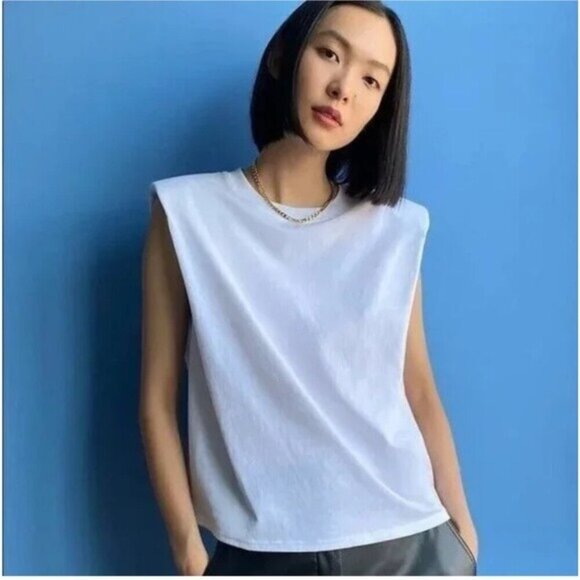 Aritzia Babaton Shoulder Pad Tank Blue Boxy Oversized Cotton Crew NecK Size M - Picture 1 of 10